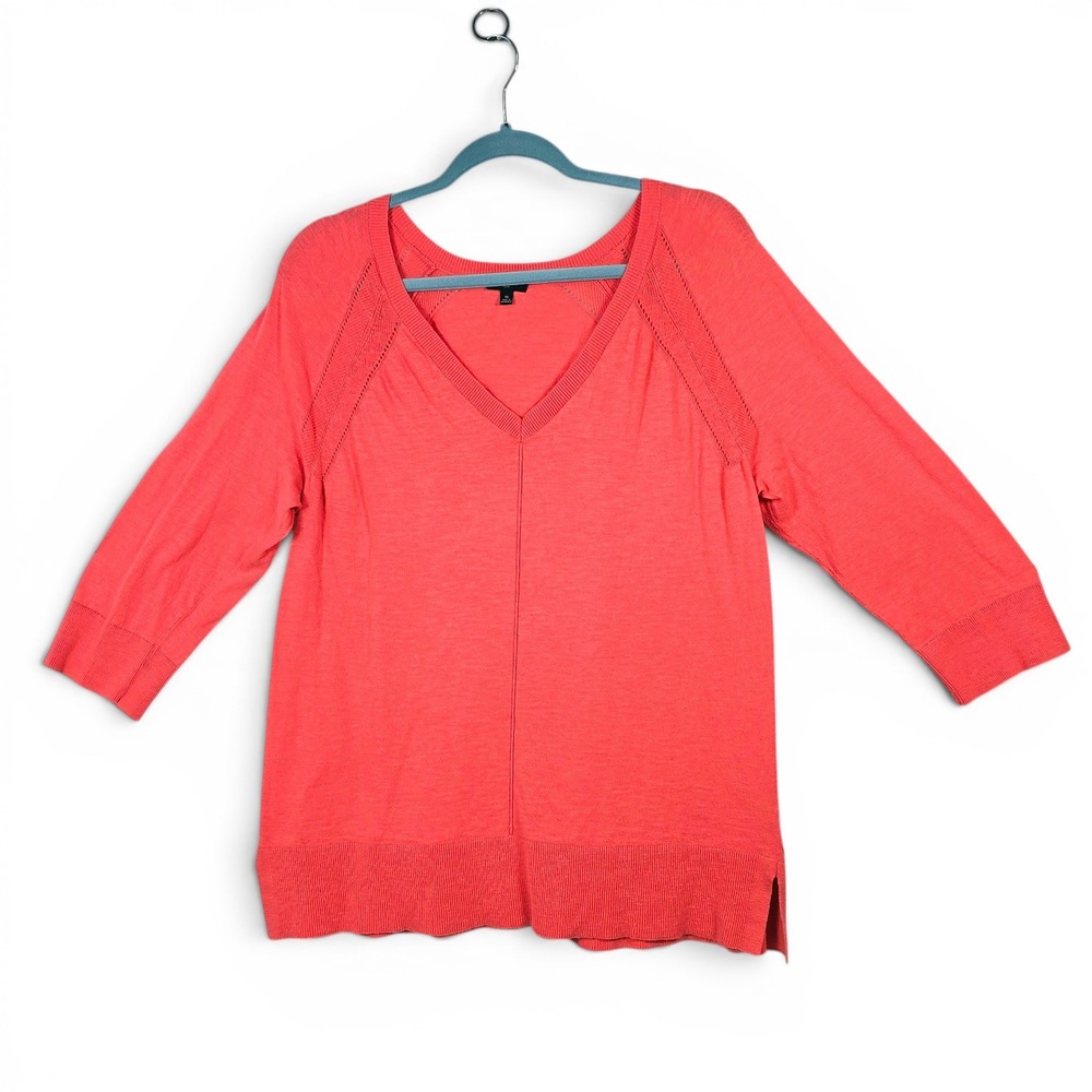 Talbots Plus Coral Pink V-Neck Cotton Sweater Pointelle‎ 3/4 Sleeve 1X Woman